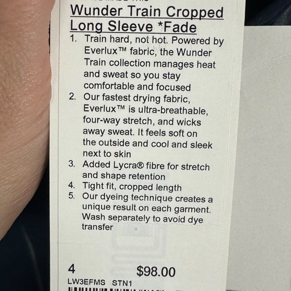 NWT Lululemon Wunder Train Cropped Long Sleeve Shirt Navy Womens Size 4 Top Blue - Picture 11 of 16